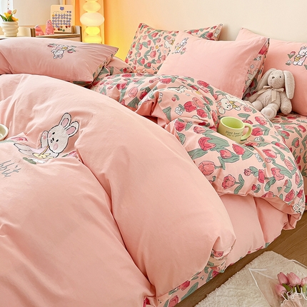 雅居纺家纺 2024新款全棉水洗棉绣花四件套 小兔兔