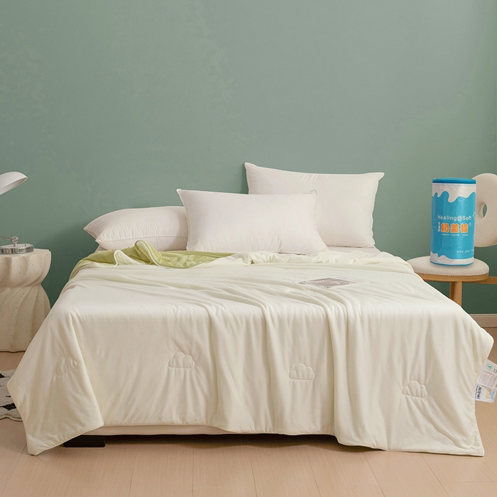 91家纺网 家纺一手货源 找家纺 亚龙工厂店 2024新款两面派A类抗菌冻冻被 奶黄+绿