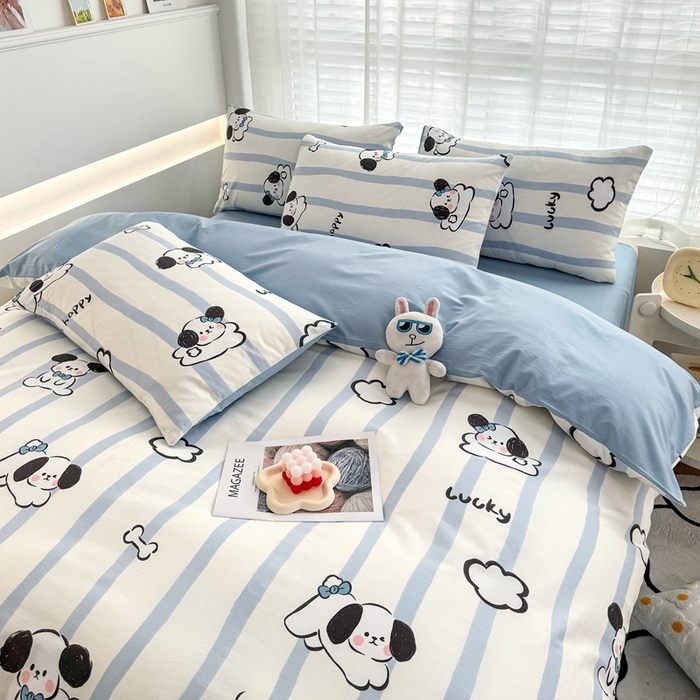 91家纺网 家纺一手货源 找家纺 潮邦创意家居 2025新款全棉13070多风格纯棉四件套 条纹狗