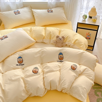 91家纺网 家纺一手货源 找家纺 丽涵家纺 2025新品全棉纯色毛巾绣可爱卡通四件套 散版-小土豆