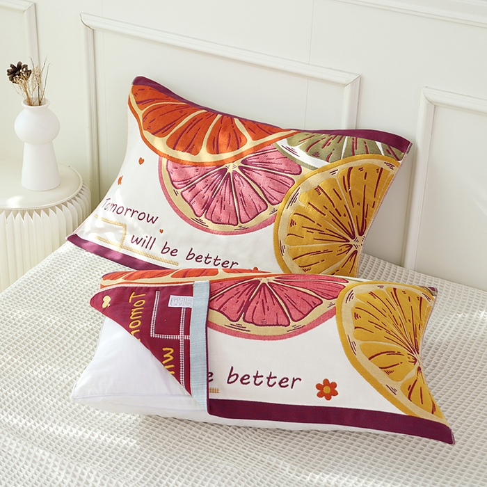 91家纺网 家纺一手货源 找家纺 朴尔家纺-毛巾被 2024年全棉加厚八层纱布大版花枕巾 快乐柠檬