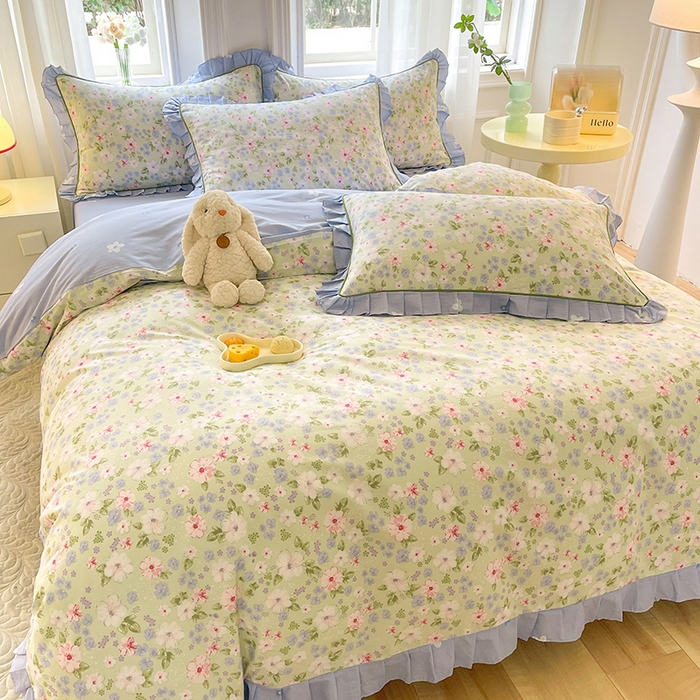 91家纺网 家纺一手货源 找家纺 美达家纺 2025新款韩版全棉四件套单品系列 床单款四件套 花萃清风-绿