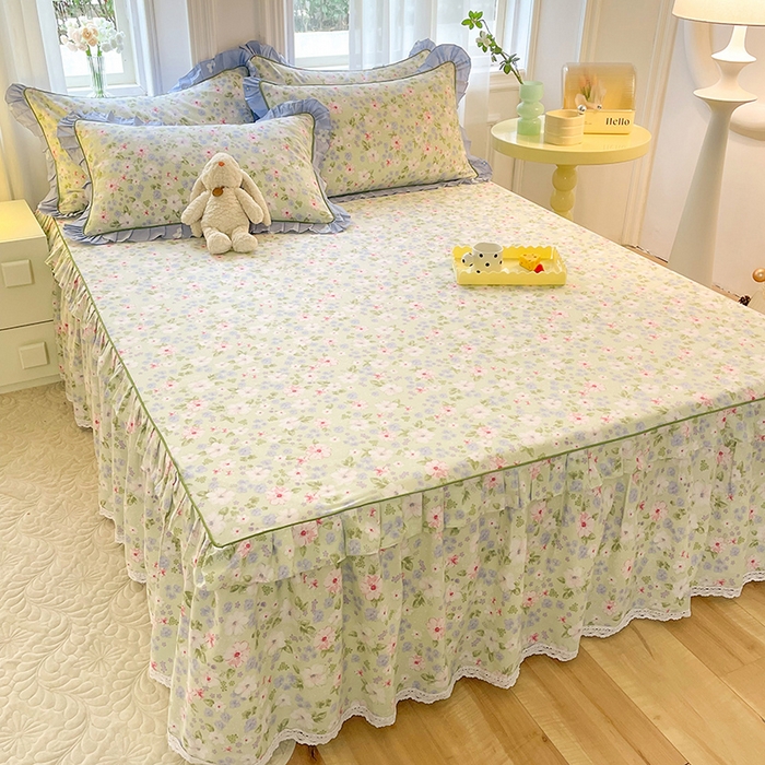 91家纺网 家纺一手货源 找家纺 美达 2025新款韩版全棉四件套单品系列-单床裙 花萃清风-绿