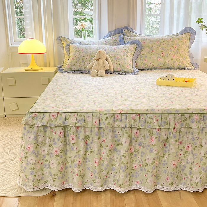 91家纺网 家纺一手货源 找家纺 美达 2025新款韩版全棉四件套单品系列-单床裙 花萃清风-绿