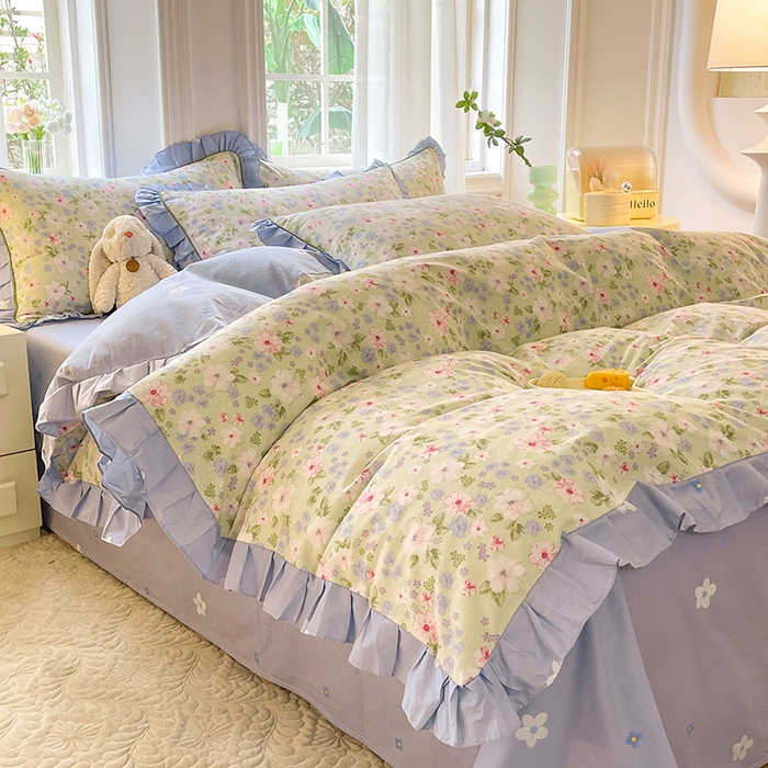 91家纺网 家纺一手货源 找家纺 美达家纺 2025新款韩版全棉四件套单品系列 床裙款四件套 花萃清风-绿