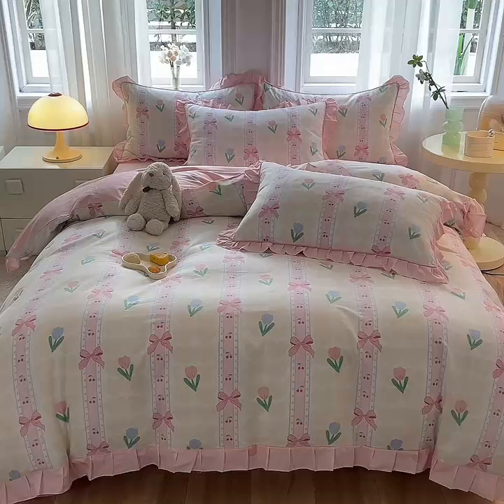 91家纺网 家纺一手货源 找家纺 美达家纺 2025新款韩版全棉四件套单品系列 床单款四件套 春畔花季