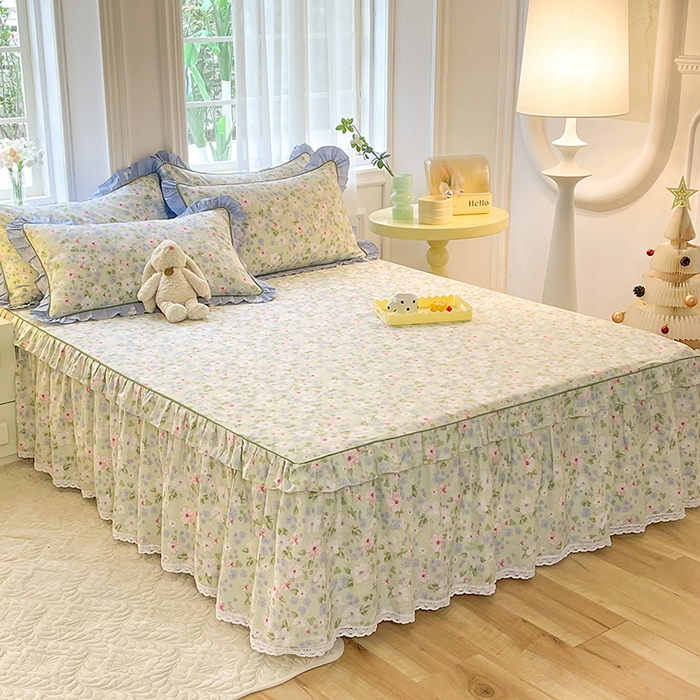 91家纺网 家纺一手货源 找家纺 美达 2025新款韩版全棉四件套单品系列-单床裙 花萃清风-绿