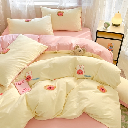 91家纺网 家纺一手货源 找家纺 丽涵家纺 2025新品全棉纯色毛巾绣可爱卡通四件套 散版-小海狸