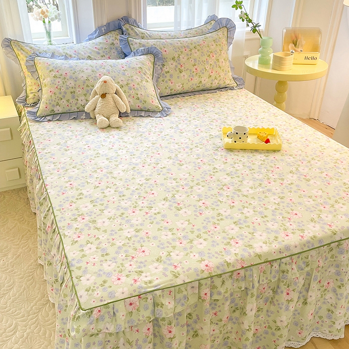 91家纺网 家纺一手货源 找家纺 美达 2025新款韩版全棉四件套单品系列-单床裙 花萃清风-绿