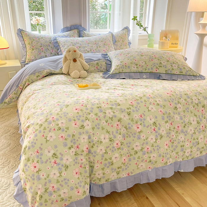 91家纺网 家纺一手货源 找家纺 美达家纺 2025新款韩版全棉四件套单品系列 床单款四件套 花萃清风-绿