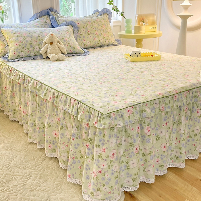 91家纺网 家纺一手货源 找家纺 美达 2025新款韩版全棉四件套单品系列-单床裙 花萃清风-绿