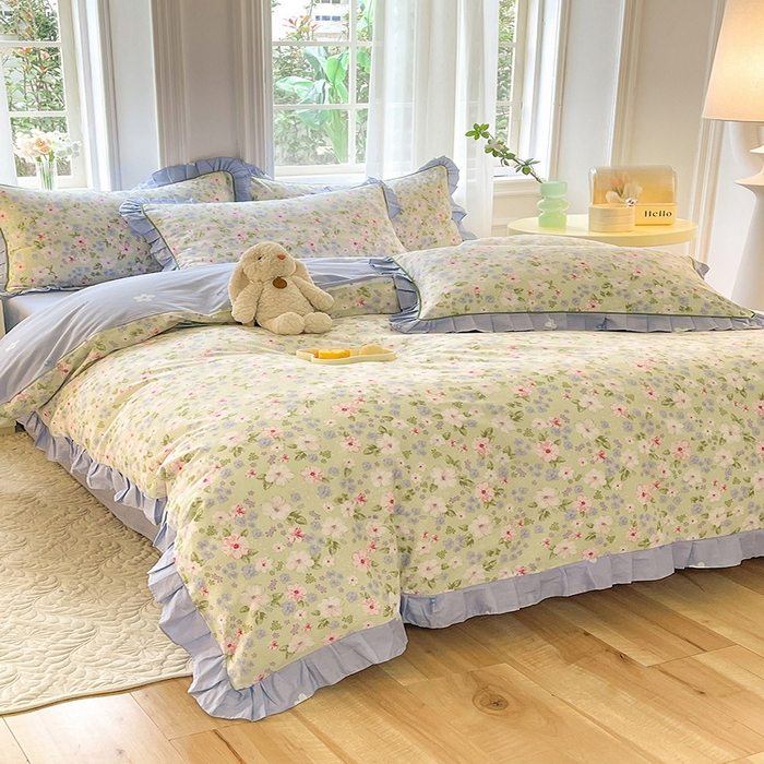 91家纺网 家纺一手货源 找家纺 美达家纺 2025新款韩版全棉四件套单品系列 床单款四件套 花萃清风-绿