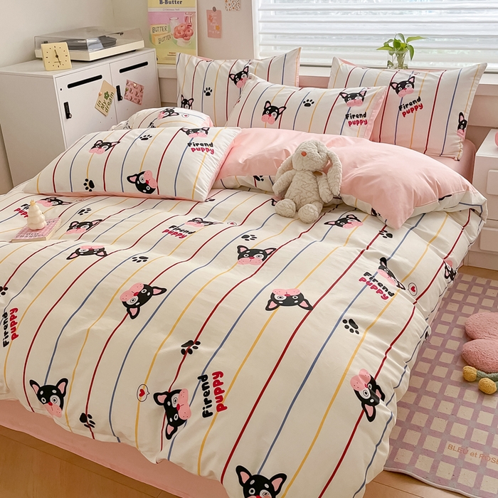 91家纺网 家纺一手货源 找家纺 柠馨 2024新款全棉13376乖萌系列四件套（第六批） 爪爪狗