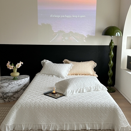 诗黛尔 2024春夏新款莱赛尔克罗星花边床盖系列三件套 白色