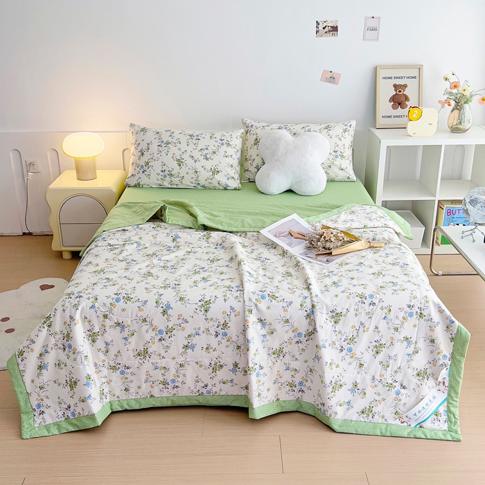 91家纺网 家纺一手货源 找家纺 鑫棉坊 2024新款新疆棉全棉印花棉花夏被 斐叶花影-绿