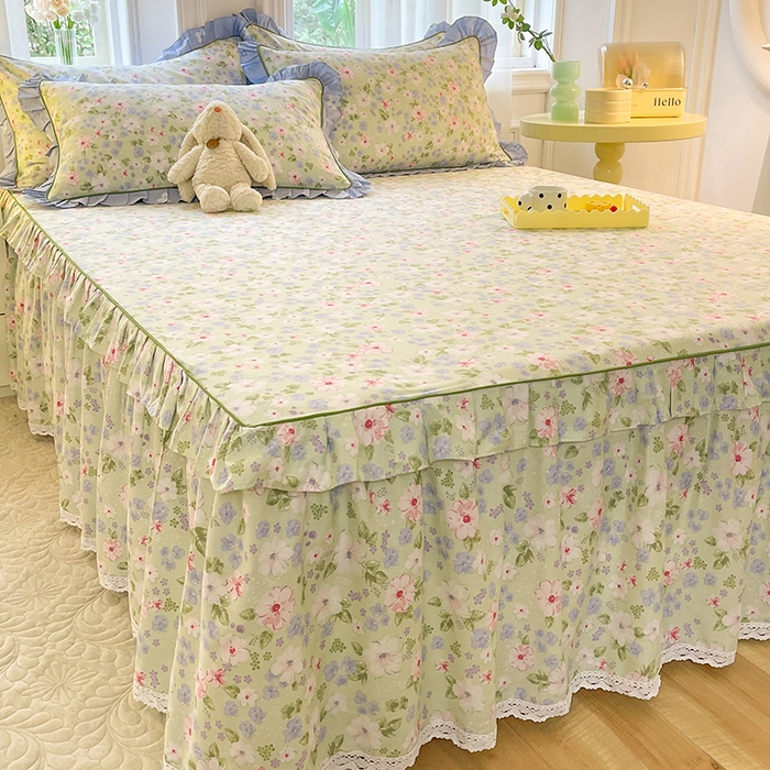 91家纺网 家纺一手货源 找家纺 美达 2025新款韩版全棉四件套单品系列-单床裙 花萃清风-绿