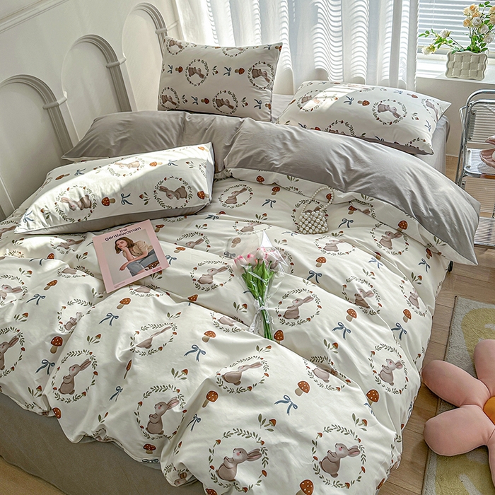 91家纺网 家纺一手货源 找家纺 潮邦创意家居 2025新款全棉13070多风格纯棉四件套-花卉小清新系列 比菲兔