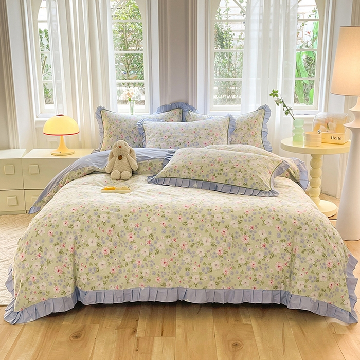 91家纺网 家纺一手货源 找家纺 美达家纺 2025新款韩版全棉四件套单品系列 床单款四件套 花萃清风-绿