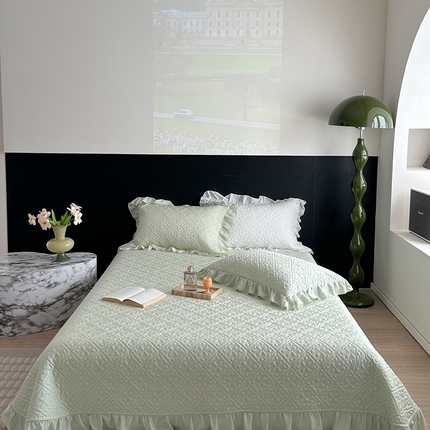 诗黛尔 2024春夏新款莱赛尔克罗星花边床盖系列三件套 浅绿