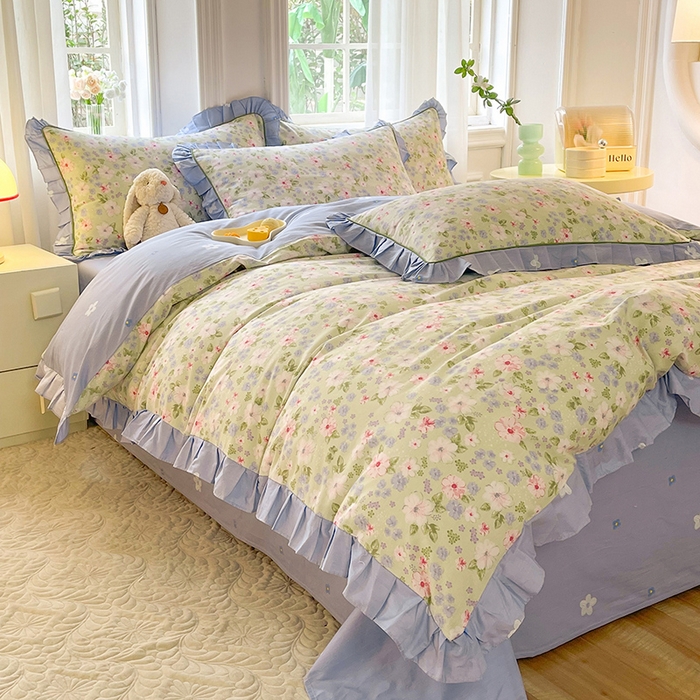 91家纺网 家纺一手货源 找家纺 美达家纺 2025新款韩版全棉四件套单品系列 床裙款四件套 花萃清风-绿