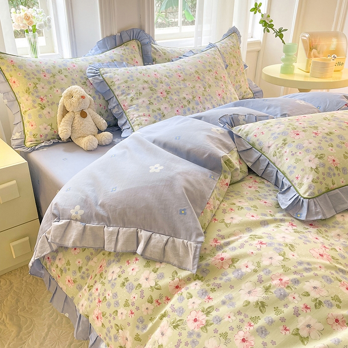 91家纺网 家纺一手货源 找家纺 美达家纺 2025新款韩版全棉四件套单品系列 床裙款四件套 花萃清风-绿