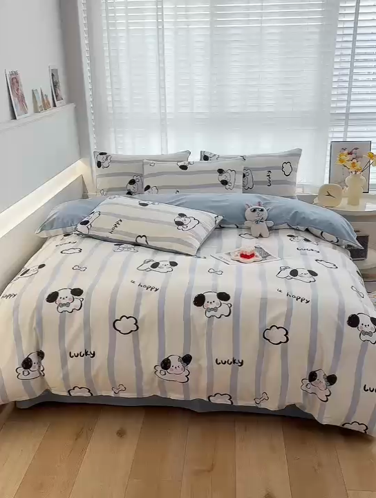 91家纺网 家纺一手货源 找家纺 潮邦创意家居 2025新款全棉13070多风格纯棉四件套 条纹狗