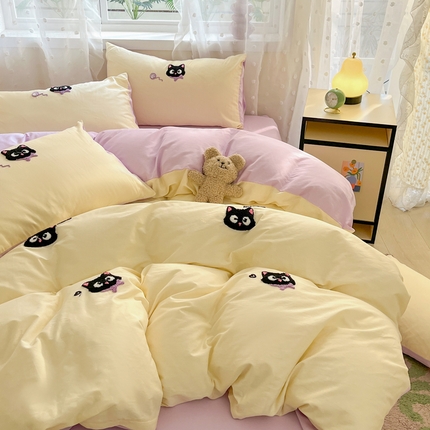 91家纺网 家纺一手货源 找家纺 丽涵家纺 2025新品全棉纯色毛巾绣可爱卡通四件套 散版-淘气猫