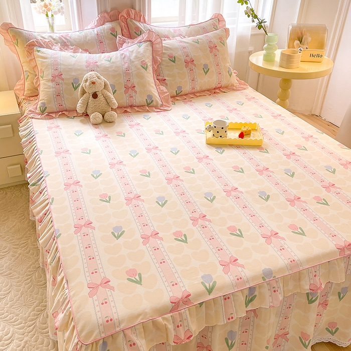 91家纺网 家纺一手货源 找家纺 美达 2025新款韩版全棉四件套单品系列-单床裙 春畔花季