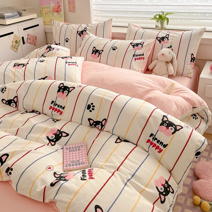 91家纺网 家纺一手货源 找家纺 柠馨 2024新款全棉13376乖萌系列四件套（第六批） 爪爪狗