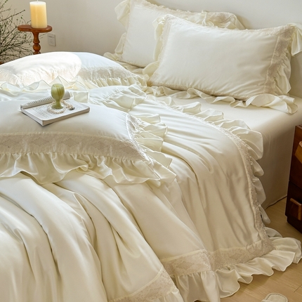 91家纺网 家纺一手货源 找家纺 佳汐蓝家纺 2024新款60支天丝刺绣荷叶边四件套-云柔  云柔-白