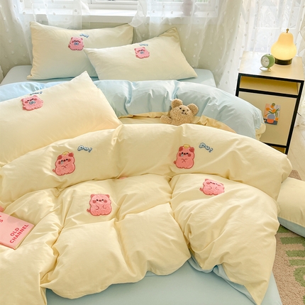 丽涵家纺 2025新品全棉纯色毛巾绣可爱卡通四件套 散版-粉小猪