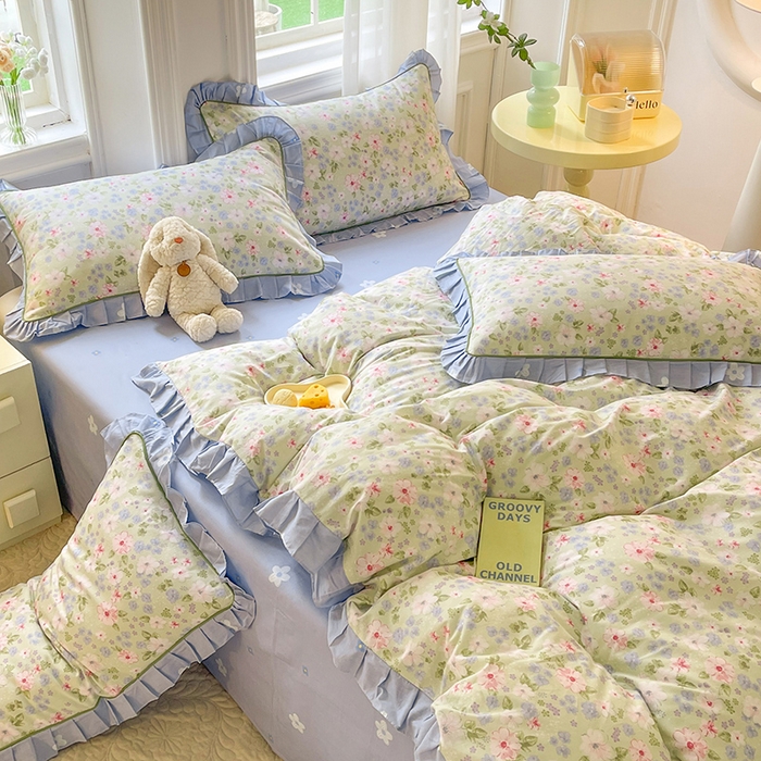 91家纺网 家纺一手货源 找家纺 美达家纺 2025新款韩版全棉四件套单品系列 床裙款四件套 花萃清风-绿