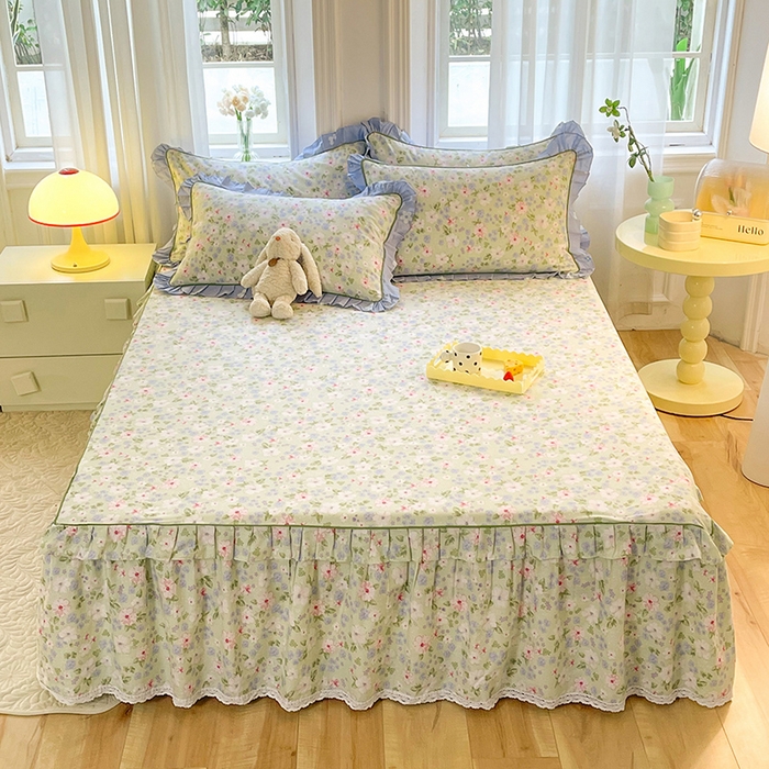 91家纺网 家纺一手货源 找家纺 美达 2025新款韩版全棉四件套单品系列-单床裙 花萃清风-绿