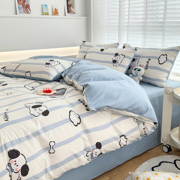 91家纺网 家纺一手货源 找家纺 潮邦创意家居 2025新款全棉13070多风格纯棉四件套-卡通系列 条纹狗