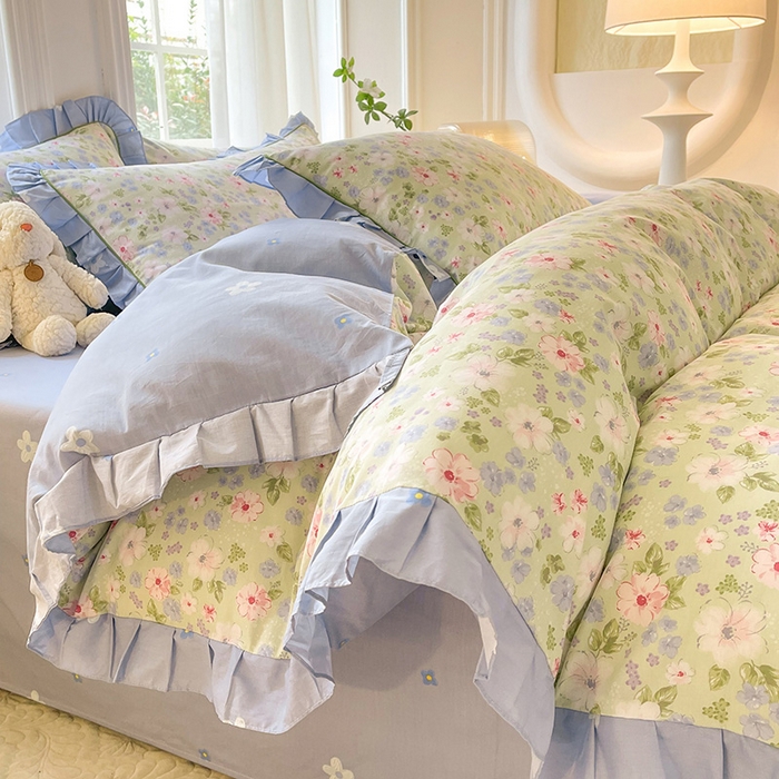 91家纺网 家纺一手货源 找家纺 美达家纺 2025新款韩版全棉四件套单品系列 床裙款四件套 花萃清风-绿