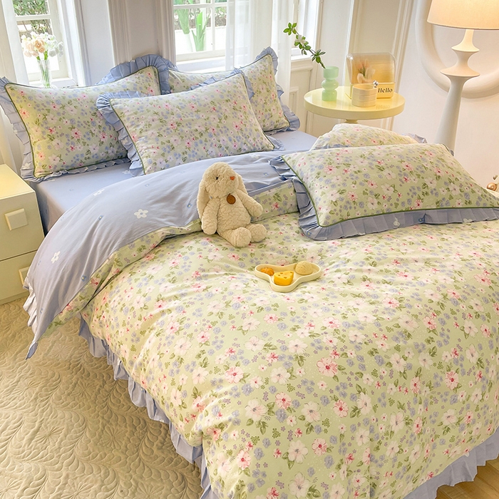 91家纺网 家纺一手货源 找家纺 美达家纺 2025新款韩版全棉四件套单品系列 床单款四件套 花萃清风-绿