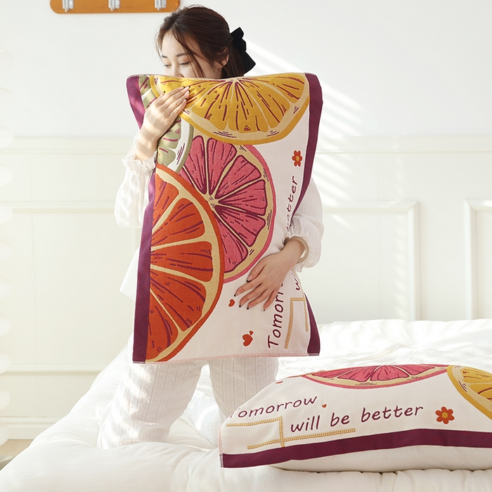 91家纺网 家纺一手货源 找家纺 朴尔家纺-毛巾被 2024年全棉加厚八层纱布大版花枕巾 快乐柠檬