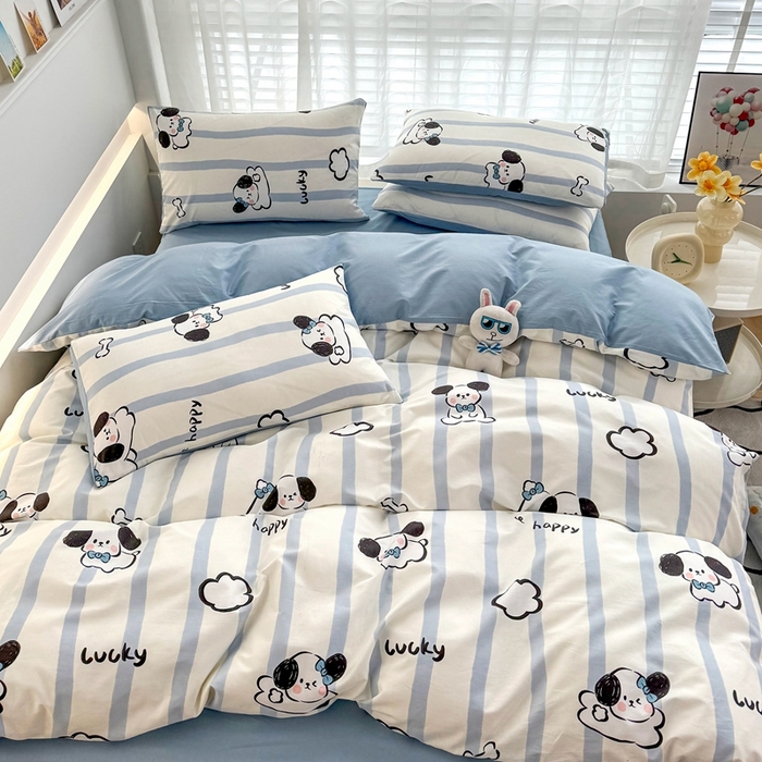 91家纺网 家纺一手货源 找家纺 潮邦创意家居 2025新款全棉13070多风格纯棉四件套-卡通系列 条纹狗