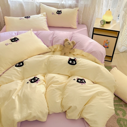 丽涵家纺 2025新品全棉纯色毛巾绣可爱卡通四件套 散版-淘气猫