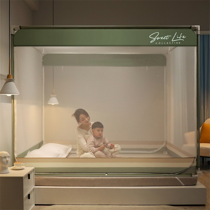 91家纺网 家纺一手货源 找家纺 佳梦家纺 2023新款方顶印花坐床蚊帐 知夏-香草绿