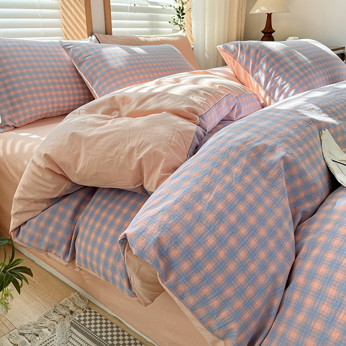 91家纺网 家纺一手货源 找家纺 柠萌家居 2024新款无印风A类全棉色织水洗棉四件套 星辰-蓝桔