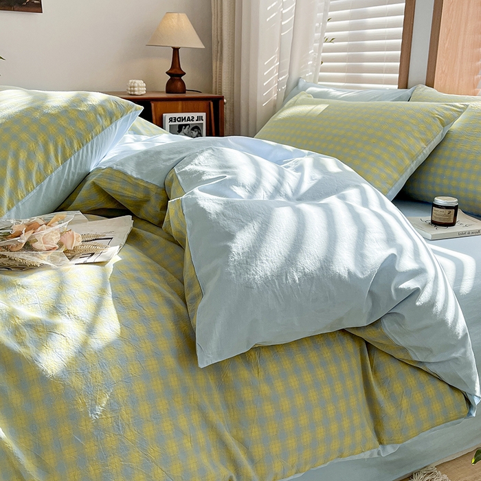 91家纺网 家纺一手货源 找家纺 柠萌家居 2024新款无印风A类全棉色织水洗棉四件套 星辰-蓝黄