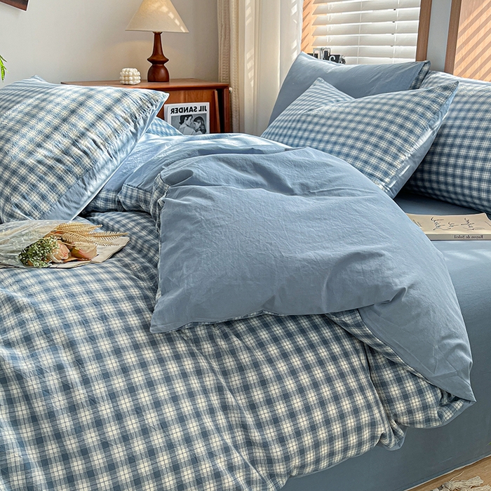 91家纺网 家纺一手货源 找家纺 柠萌家居 2024新款无印风A类全棉色织水洗棉四件套 尚品-蓝