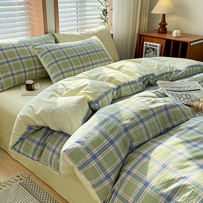 91家纺网 家纺一手货源 找家纺 柠萌家居 2024新款无印风A类全棉色织水洗棉四件套 麦凯-绿