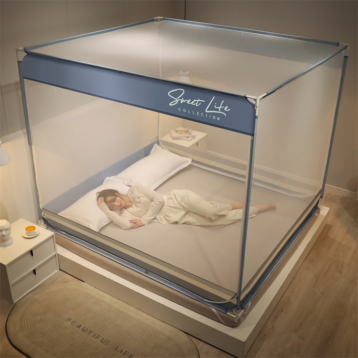 91家纺网 家纺一手货源 找家纺 佳梦家纺 2023新款方顶印花坐床蚊帐 知夏-黎明蓝