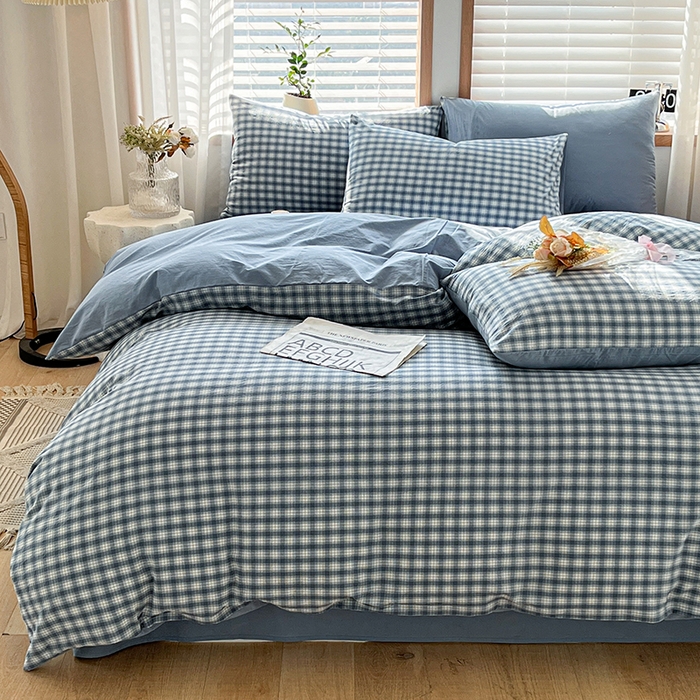 91家纺网 家纺一手货源 找家纺 柠萌家居 2024新款无印风A类全棉色织水洗棉四件套 尚品-蓝