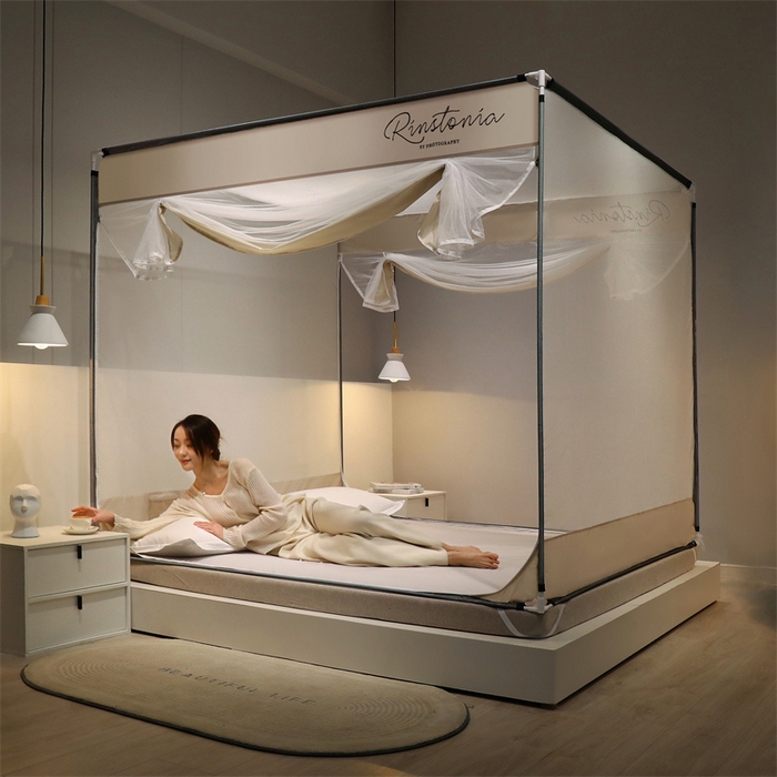 91家纺网 家纺一手货源 找家纺 佳梦家纺 2023新款方顶印花坐床蚊帐 恋家-米色