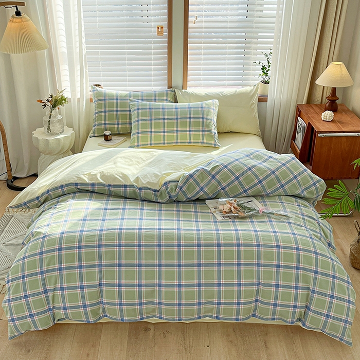 91家纺网 家纺一手货源 找家纺 柠萌家居 2024新款无印风A类全棉色织水洗棉四件套 麦凯-绿