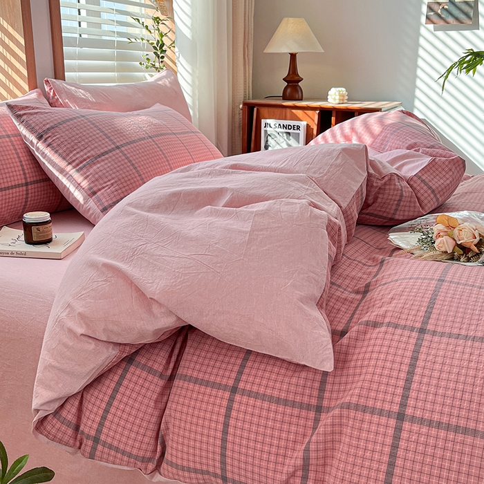 91家纺网 家纺一手货源 找家纺 柠萌家居 2024新款无印风A类全棉色织水洗棉四件套 尚品-粉