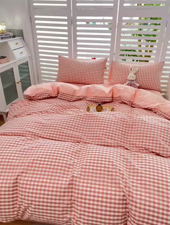 91家纺网 家纺一手货源 找家纺 柠萌家居 2024新款无印风A类全棉色织水洗棉四件套 蜜粉格